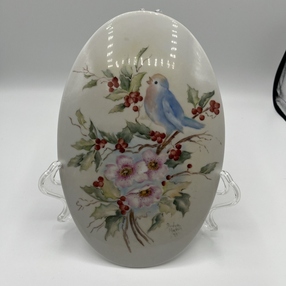 Bluebird And Floral  Hand painted oval Porcelain‎ Plaque By Jodye Harris 1993